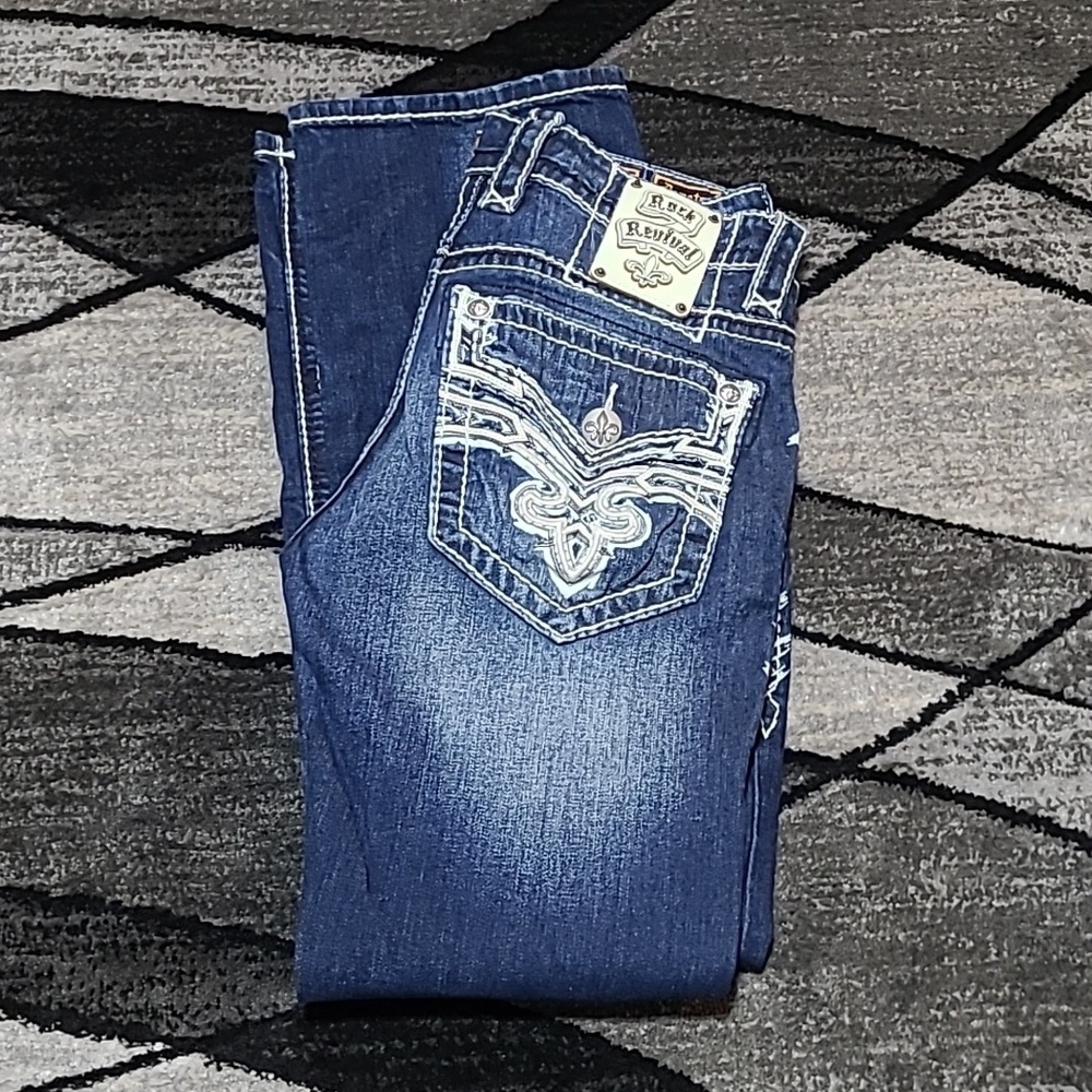 ROCK REVIVAL DEMETRY SLIM BOOT EMBROIDERED FAUX FLAP DENIM JEAN